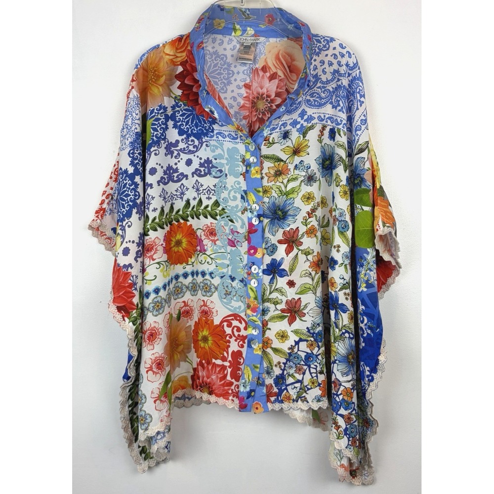 John Mark Patchwork Blouse Womens Large Multicolor Floral Top Boho Cottage Core